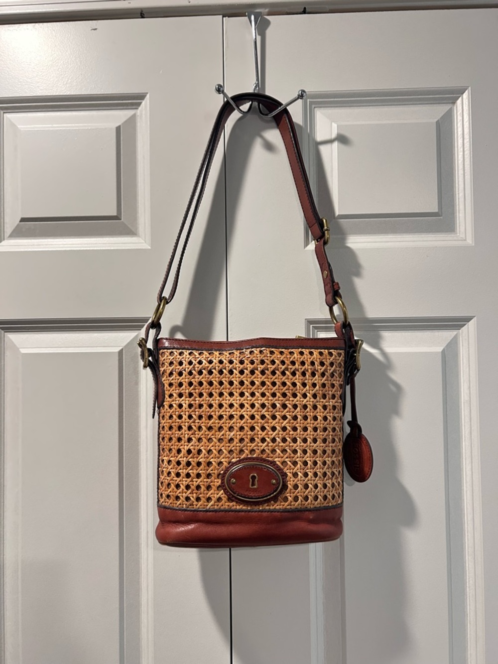Fossil Woven Rattan and Brown Leather Shoulder/crossbody Bag